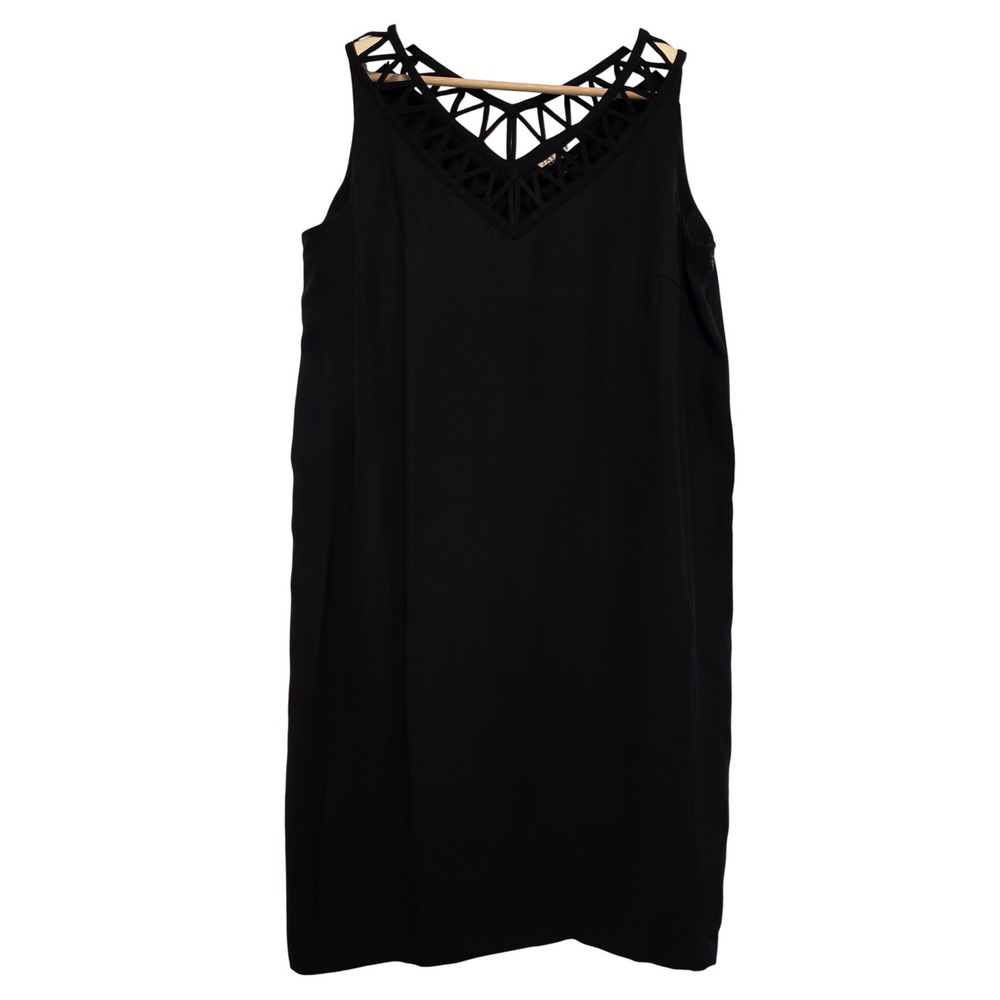 Jaeger London Black Geometric Cage Cutout Neckline Shift Dress Size 14